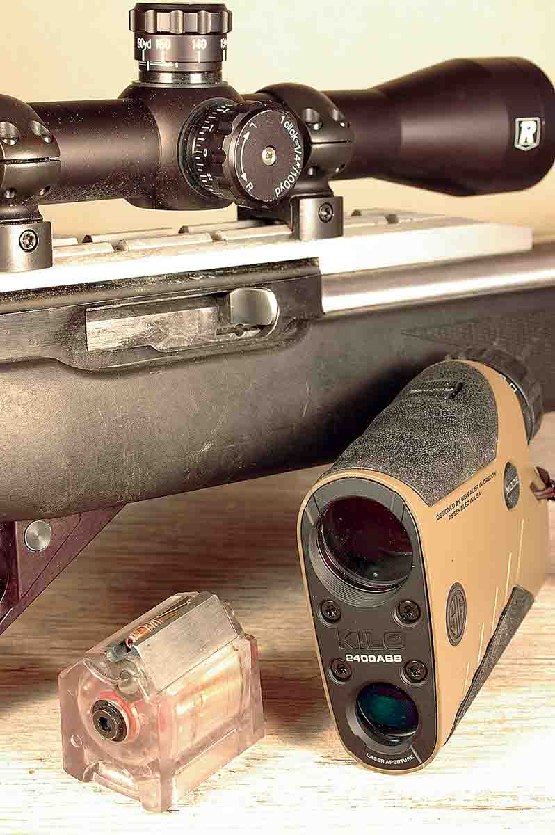 The SIG KILO2400ABS Laser Rangefinder can simply be used as a rangefinder by pushing its ranging button and reading the distance to a target. This mode worked well in conjunction with a .22 rimfire rifle and a scope with a bullet- drop compensation elevation turret.